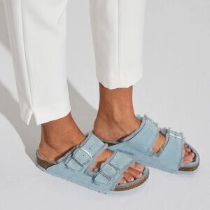 Birkenstock Arizona Shearling Suede Leather Two-Strap Sandals Light Blue Size 37